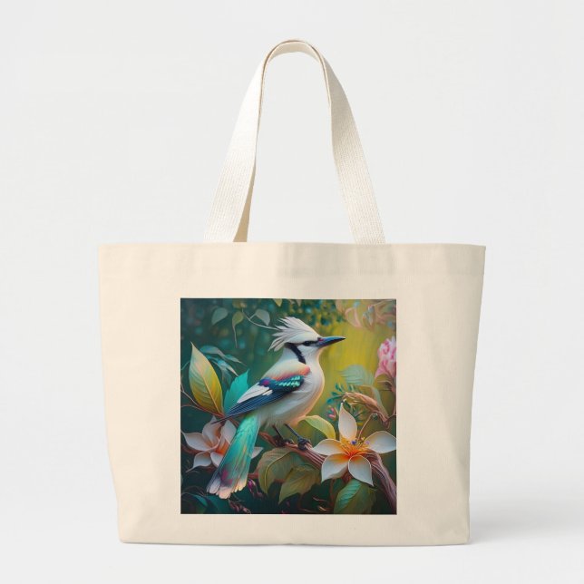 Crested Teal Winged Jay Large Tote Bag (Front)