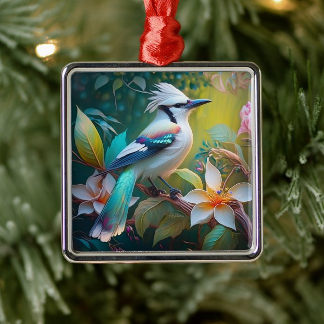 Crested Teal Winged Jay Metal Tree Decoration (Tree)