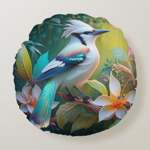 Crested Teal Winged Jay Round Cushion