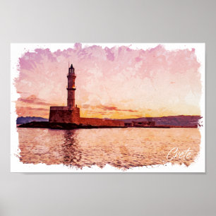 Crete Greece Oil Paint Sunset Art Poster