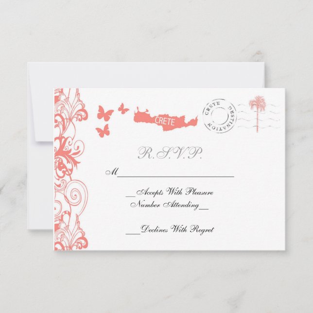 Crete Wedding RSVP Card In Coral Pink And White (Front)