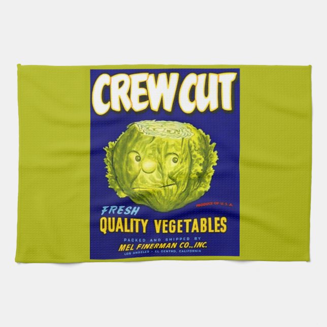 Crew Cut vegetable crate label print Tea Towel (Horizontal)