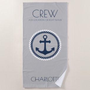 Crew Member Nautical Anchor Boat Name Personalised Beach Towel