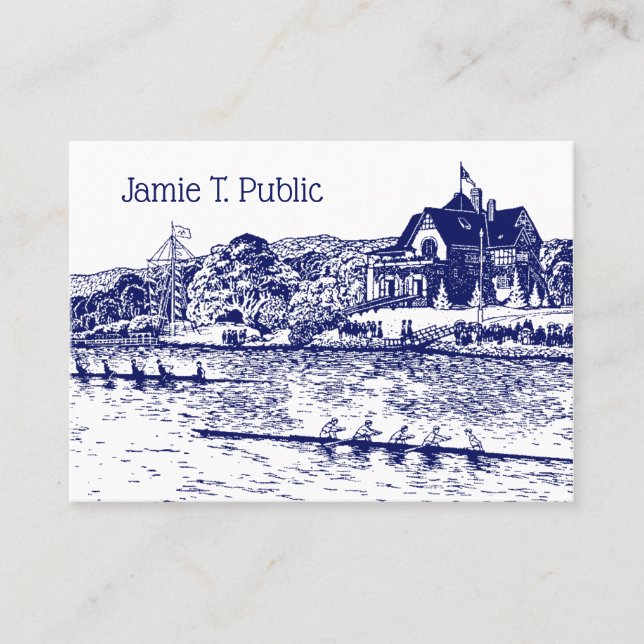 Crew Rowers Race With Boathouse Blue Business Card (Front)