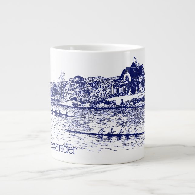 Crew Rowers Race With Boathouse Blue Large Coffee Mug (Front)