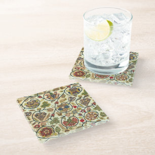 Crewel Work Embroidery Fruit and Flowers Glass Coaster