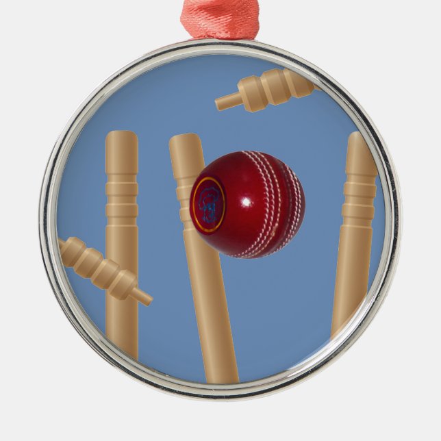 Cricket Ball And Stumps, Metal Tree Decoration (Front)