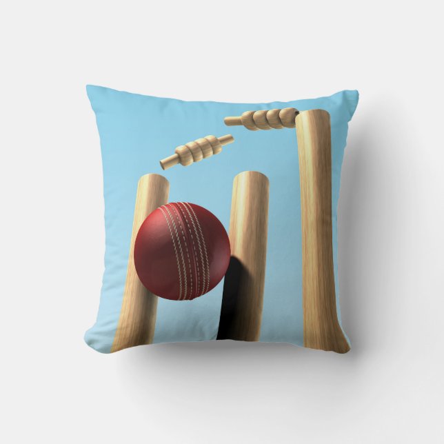 Cricket Ball Hitting Wickets Cushion (Front)
