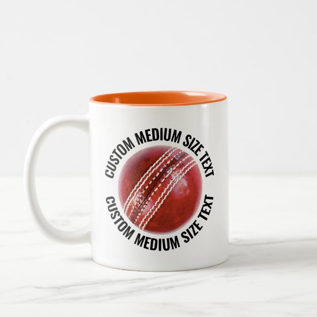 Cricket Ball & Medium Text ORANGE 11oz Custom Two-Tone Coffee Mug (Left)