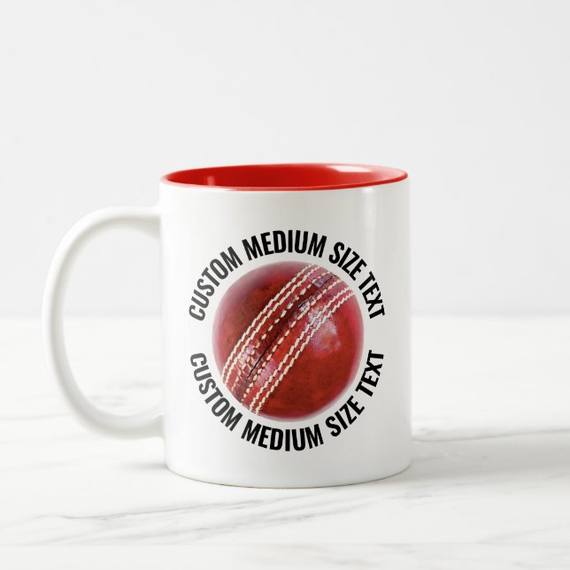 Cricket Ball & Medium Text RED 11oz Custom Two-Tone Coffee Mug (Left)