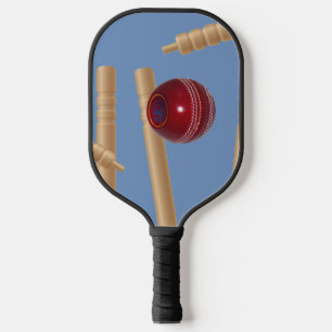Cricket Ball On Blue Smashing Cricket Stumps, Pickleball Paddle