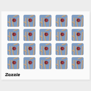 Cricket Ball On Blue Smashing Cricket Stumps, Square Sticker