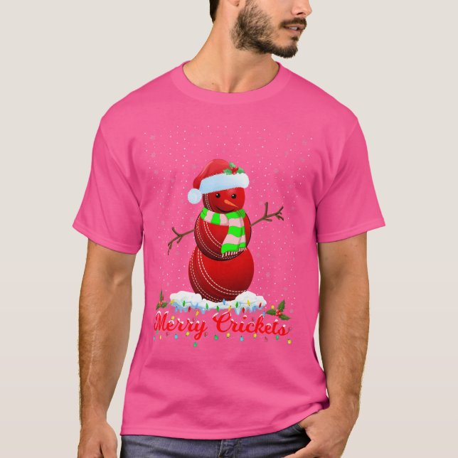 Cricket Ball Snowman Xmas Lights Merry Crickets Ch T-Shirt (Front)