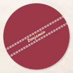 Cricket Ball Stitching Seam Personalised Cricketer Round Paper Coaster<br><div class="desc">Stylish burgundy/red cricket-themed coaster printed with cricket ball stitches (seam) and your name. Ideal personalised gift for cricketers,  umpires and cricket fans alike.</div>