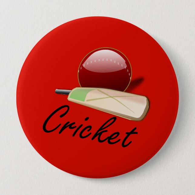 Cricket bat and ball, labelled, 10 cm round badge (Front)