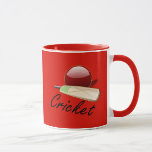 Cricket bat and ball, labelled, mug