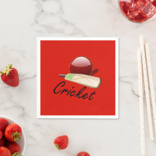 Cricket bat and ball, labelled, napkin