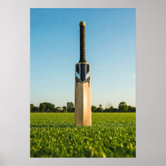 Cricket Bat Standing on Sunlit Field Poster