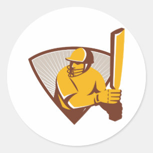 Cricket Batsman Batting Shield Retro Classic Round Sticker