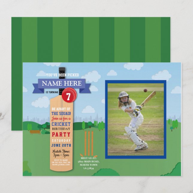 Cricket Birthday Party Sports Winner Match Photo Invitation (Front/Back)
