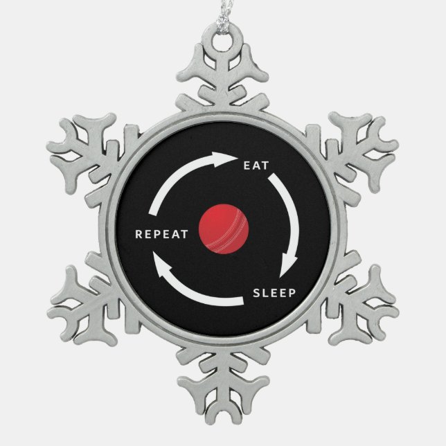 Cricket Eat Sleep Repeat Sports Fan Saying Snowflake Pewter Christmas Ornament (Front)
