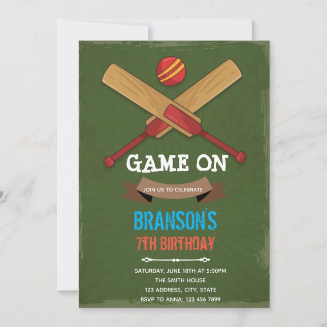 Cricket party theme invitation (Front)