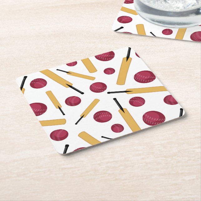 Cricket Player Bats and Balls Patterned Square Paper Coaster (Angled)