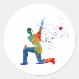 Cricket player in watercolor classic round sticker