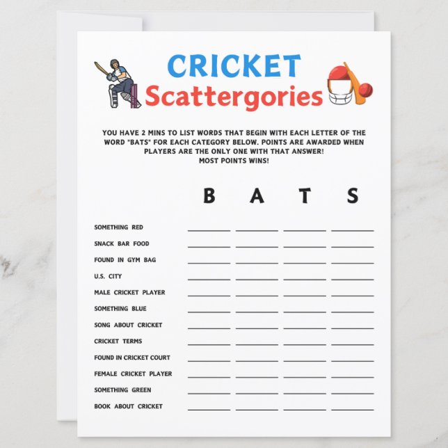 Cricket Scattergories Game (Front)