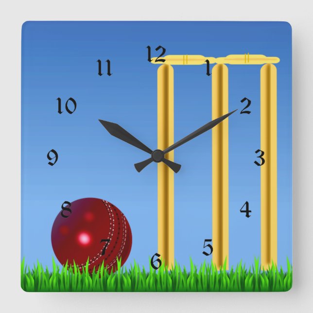 Cricket, wicket and ball square wall clock (Front)