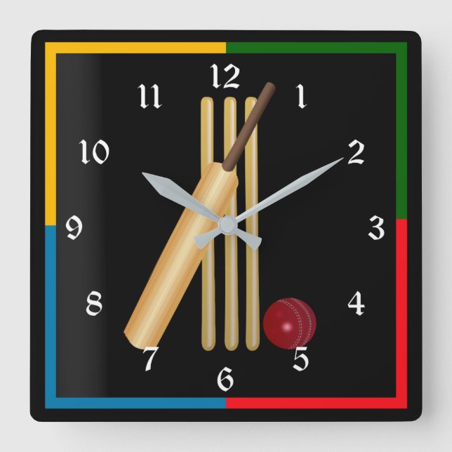 Cricket, wicket and ball square wall clock (Front)