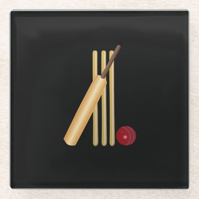 Cricket - Wicket, Bat and Ball Glass Coaster (Front)