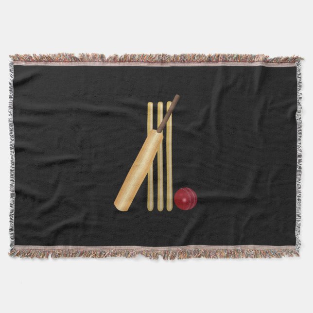 Cricket - Wicket, Bat and Ball on Black Throw Blanket (Front)