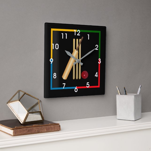 Cricket, wicket, bat and ball,  square wall clock (Office)