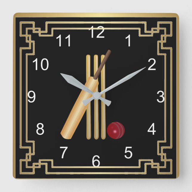 Cricket, wicket, bat and ball with gold frame square wall clock (Front)