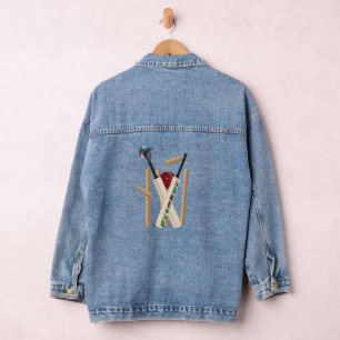 Cricket Wickets And Ball, Ladies Denim Jacket