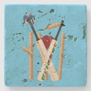 Cricket Wickets, Helmet, Bats And Ball,    Stone Coaster