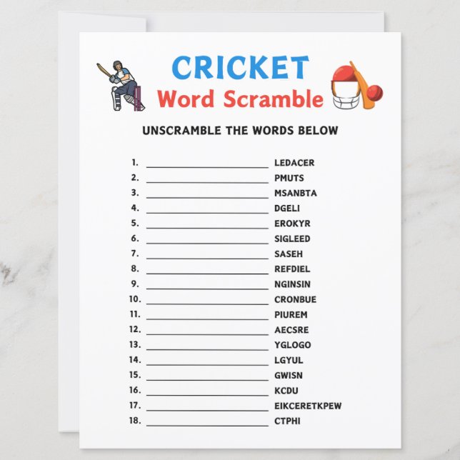 Cricket Word Scramble Game (Front)
