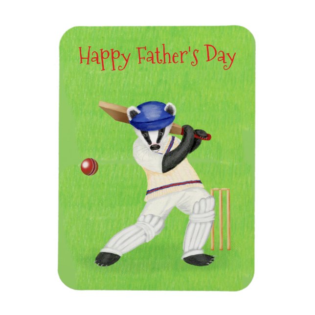 Cricketing badger Father's Day magnet (Vertical)