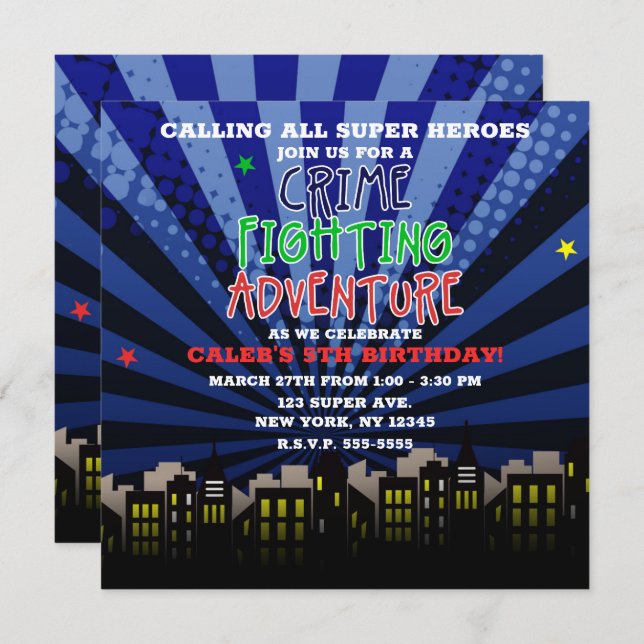 Crime Fighting Adventure Super Hero Birthday Party Invitation (Front/Back)