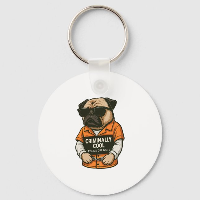Criminally Cool Pug � Funny Mugshot Dog Design Key Ring (Front)