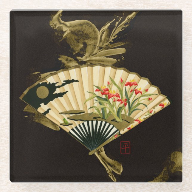 Crimped Oriental Fan with Floral Design Glass Coaster (Front)