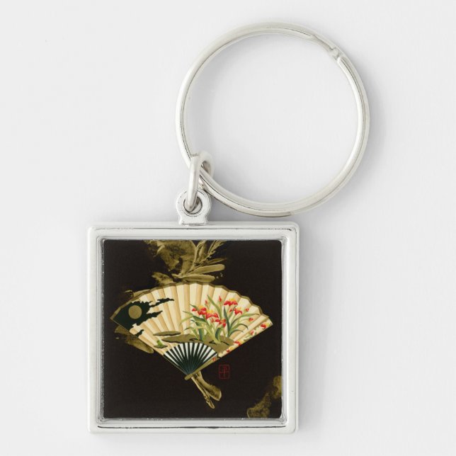 Crimped Oriental Fan with Floral Design Key Ring (Front)