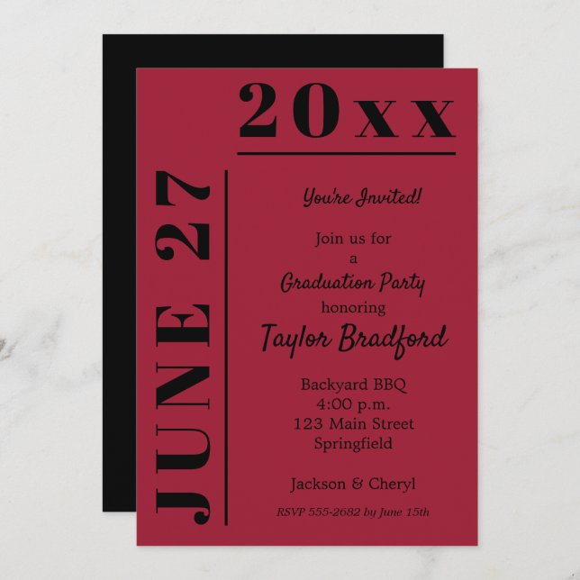 Crimson and Black Graduation Party Invitations (Front/Back)