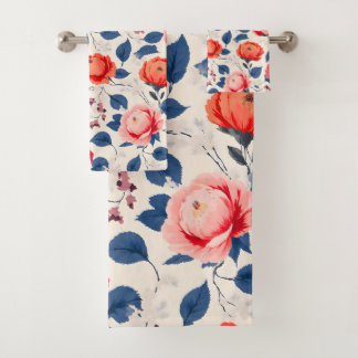 Crimson and Coral Flower Bath Towel Set