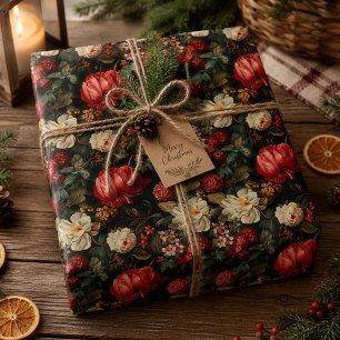 Crimson and Cream Vintage Floral Decoupage Wrapping Paper