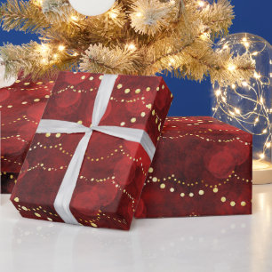 Crimson and Gold Fairy Lights Christmas Wrapping Paper