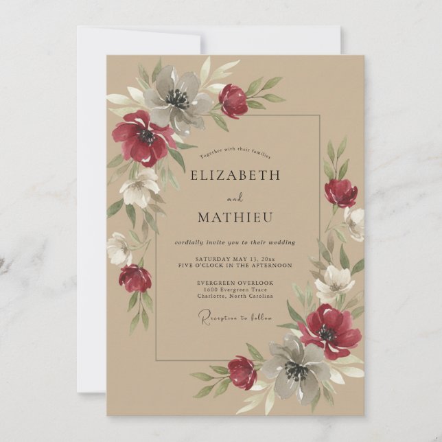 Crimson Anemone Beige Wedding Invitation (Front)