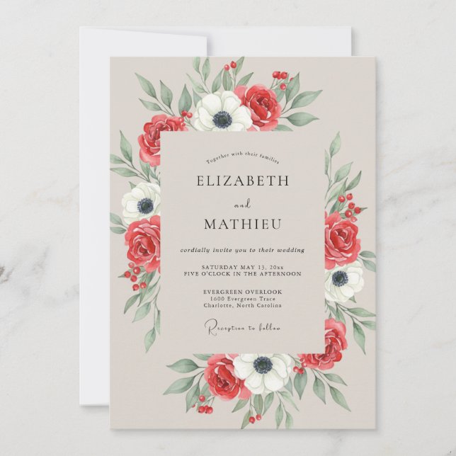 Crimson Anemone Painted Wedding Invitation (Front)