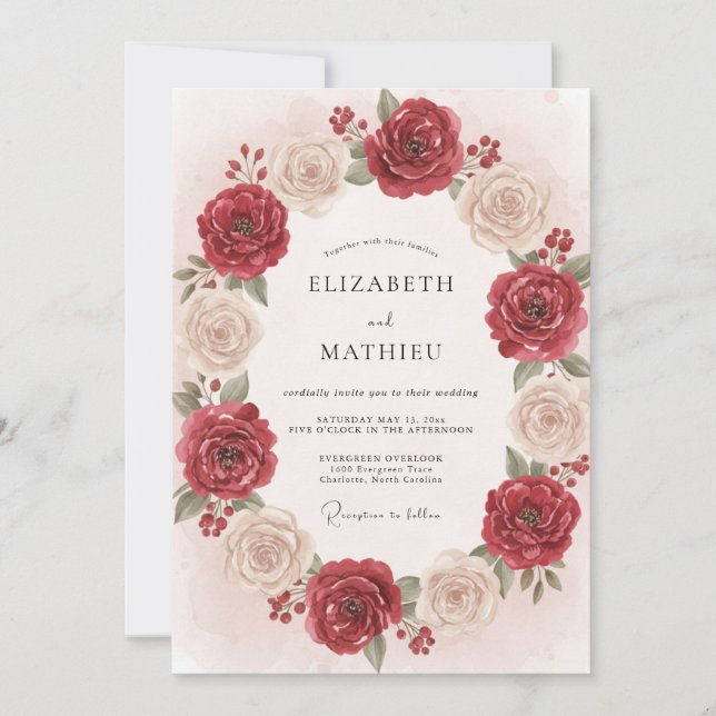 Crimson Antique Ivory Wreath Wedding Invitation (Front)